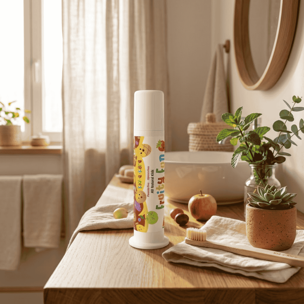 Bylinná zubní pasta pro děti - Kid-e-Kare stojí v popředí na dřevěné koupelnové desce bílá dětská zubní pasta v tubě s dávkovačem, vedle které leží bambusový kartáček, jablko a malé rostliny v květináči, přičemž pozadí tvoří prosvětlená koupelna s umyvadlem a oknem.